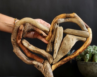 One of a kind heart shaped driftwood wall hanger, Aesthetic natural driftwood sculpture art