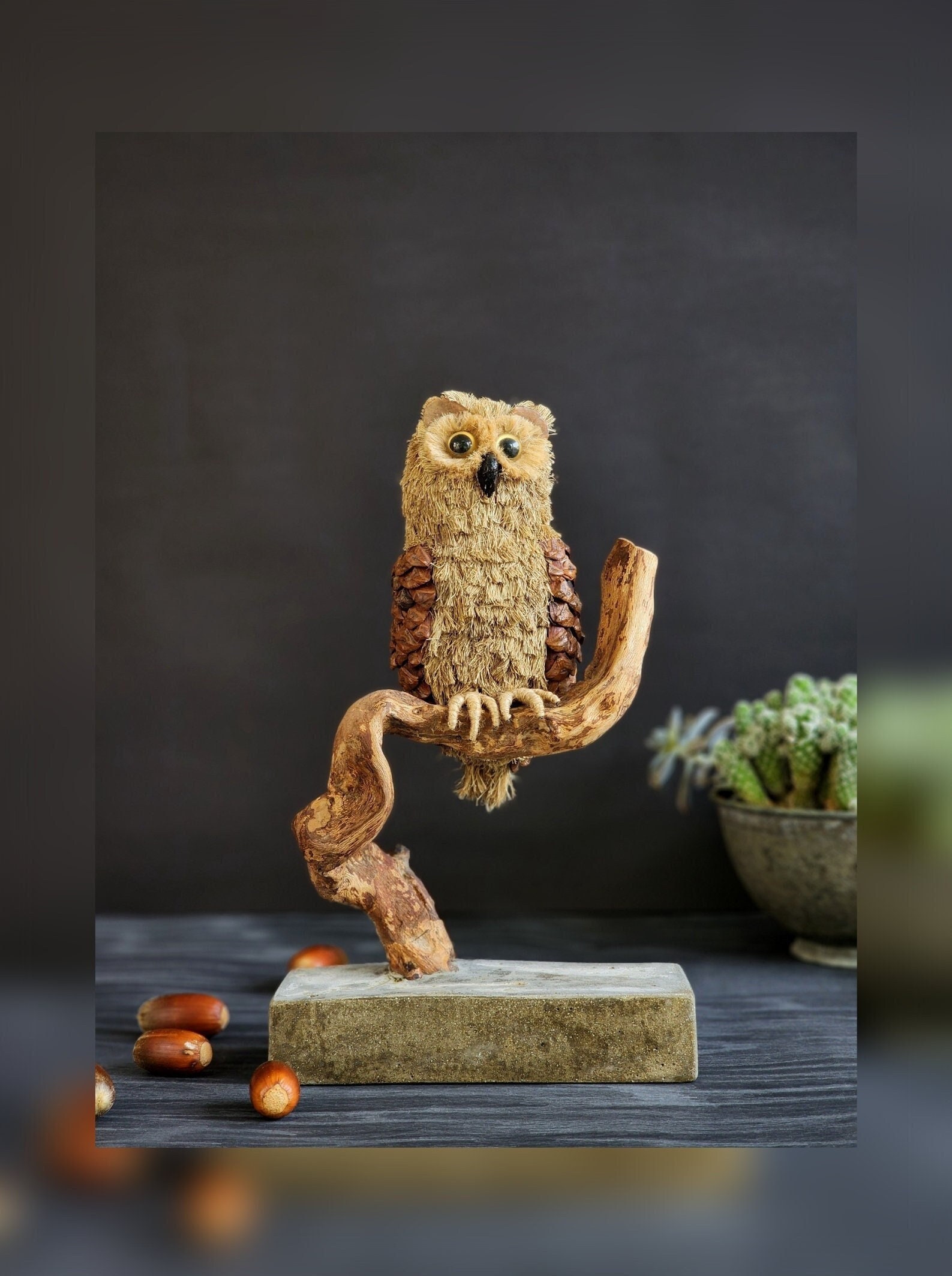 Handmade Paper Mache Owl Sculpture: Rustic Home Decor
