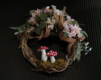 Handmade decorative door wreath wit mushroom ornament, All year round wall wreath to decorate your front door and your walls