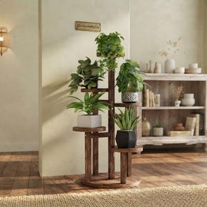 May include: A multi-tiered wooden plant stand with a central vertical post and circular shelves at varying heights. The stand holds four potted plants with green foliage in containers of different shapes, including white and black geometric pots.