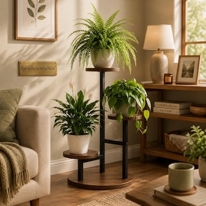 May include: A multi-tiered plant stand featuring a central black metal frame with three circular wooden shelves at varying heights. The stand holds three potted plants, including a fern, a peace lily, and a heart-leaf philodendron.