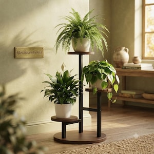 3 Tier Metal Plant Stand Indoor | Corner Plant Shelf for Multiple Plants | Modern Wooden Flower Pot Holder for Living Room Balcony Patio