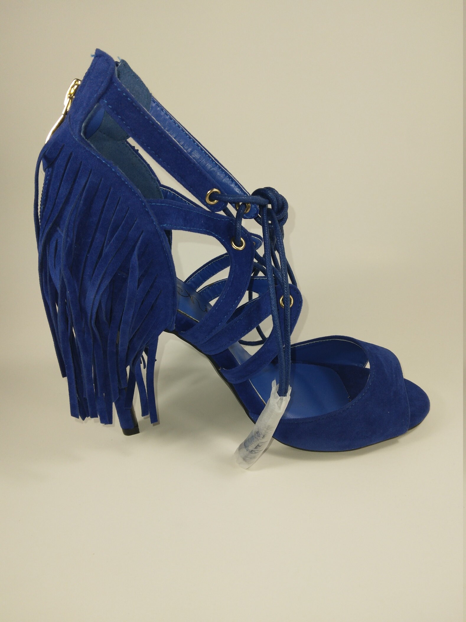 Blue Faux Suede 5.2 inch lace up caged stilettos with fringed heel