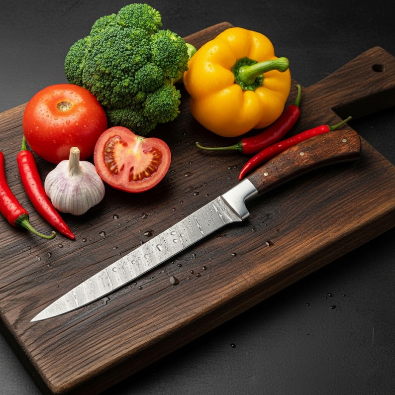 May include: A wooden cutting board with fresh vegetables and a long, sharp knife. The vegetables include a tomato, broccoli, yellow bell pepper, garlic, and red chili peppers. The knife has a wooden handle and a patterned blade.
