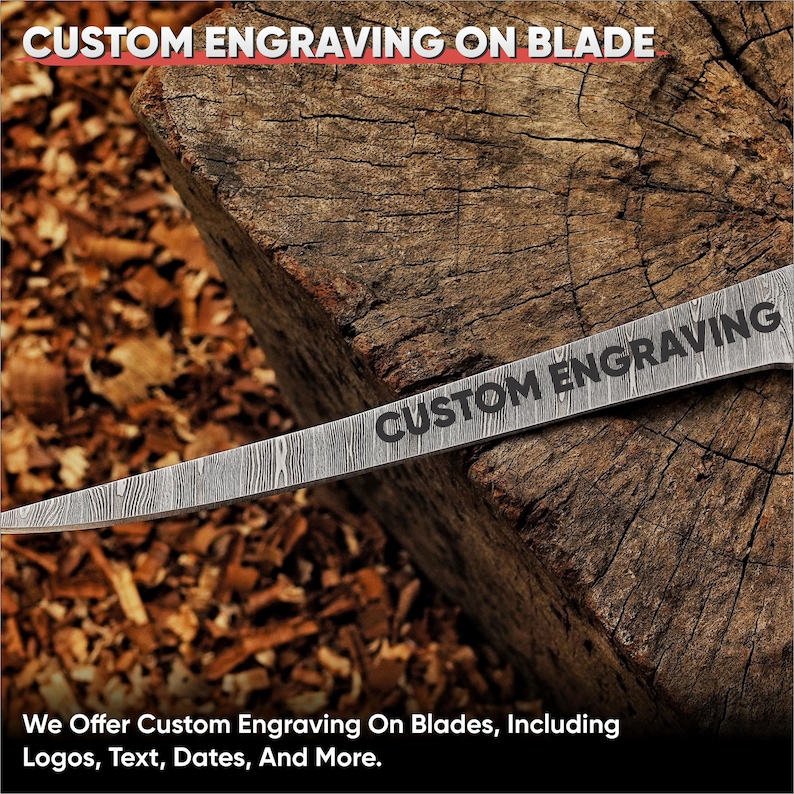 May include: Close-up of a blade with custom engraving. The text "CUSTOM ENGRAVING" is visible on the blade. The image also includes the text "CUSTOM ENGRAVING ON BLADE" and "We Offer Custom Engraving On Blades, Including Logos, Text, Dates, And More."