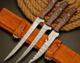 3 Pc Handmade Damascus Steel Flexible Blade Fillet Knife Set with Leather Roll | Custom Fishing Knives | Best Holiday Gift wedding Gift