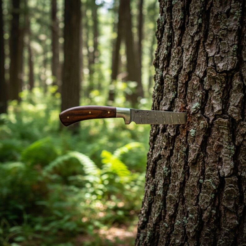 May include: A knife with a dark wood handle and a patterned blade is embedded in a tree trunk. The knife is positioned horizontally, with the forest in the background. The blade appears to be made of steel.