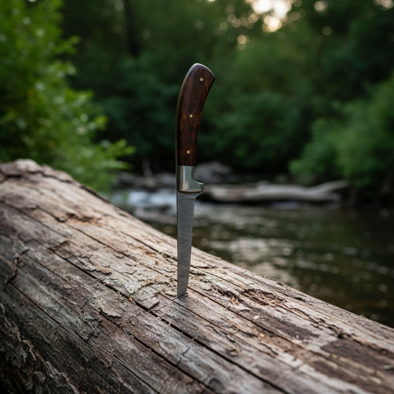 May include: A hunting knife with a dark wooden handle and a silver blade is embedded in a weathered log. The handle is secured with brass rivets. The background features a blurred river and lush green foliage.