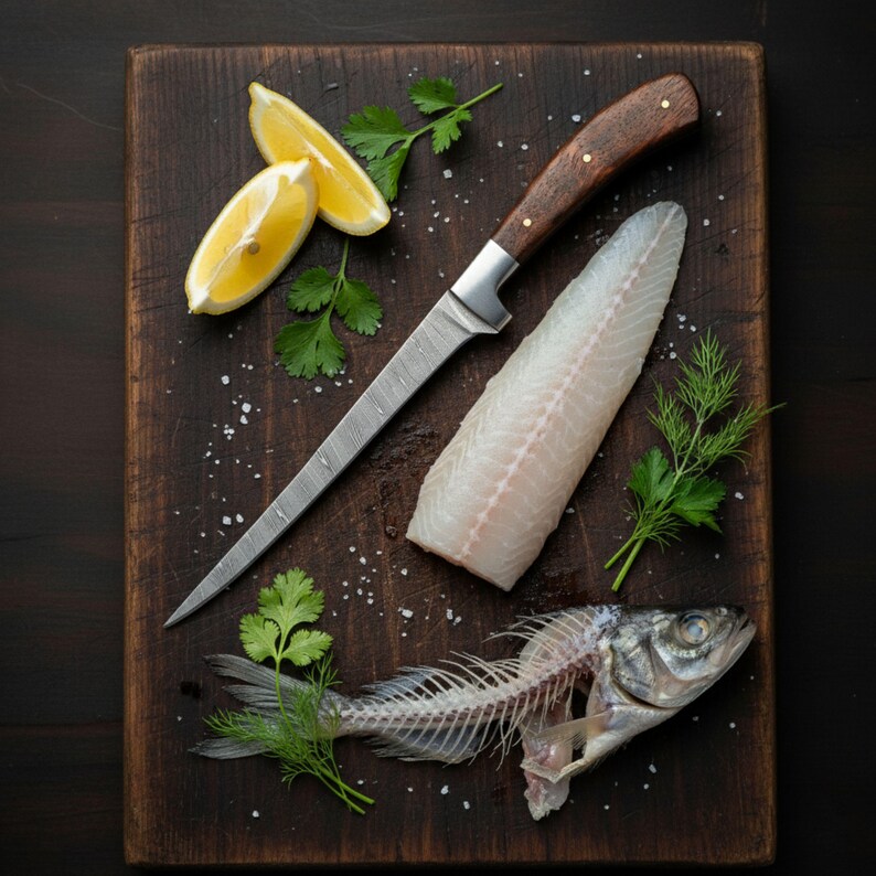 May include: Overhead shot of a wooden cutting board with a fillet knife, a raw fish fillet, lemon wedges, and herbs. The fish skeleton is also visible, along with scattered salt.