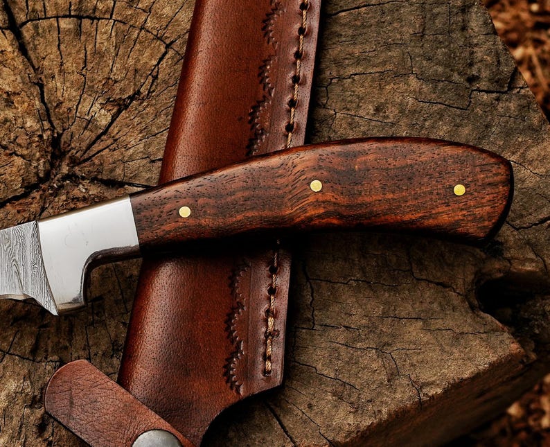 May include: A close-up of a hunting knife with a dark wood handle and a silver blade. The handle has brass rivets. The knife rests in a brown leather sheath with decorative stitching. The background is a weathered wooden surface.