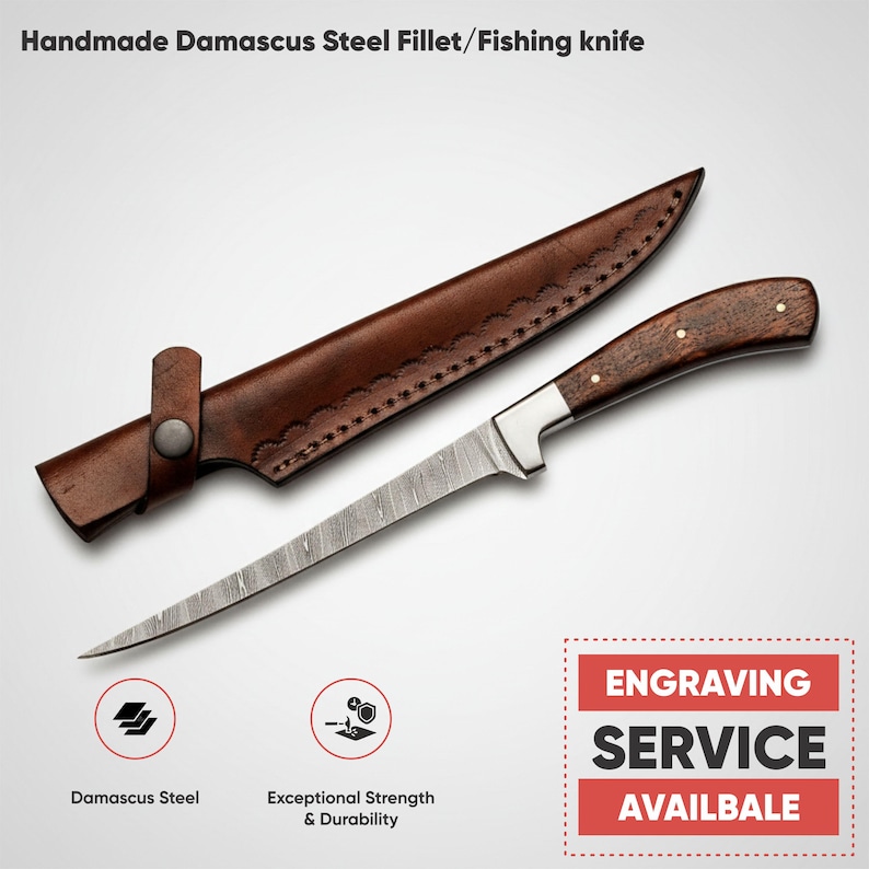 May include: A handmade Damascus steel fillet/fishing knife with a brown wooden handle and a leather sheath. The blade has a unique pattern. The text "ENGRAVING SERVICE AVAILBALE" is in a red box.
