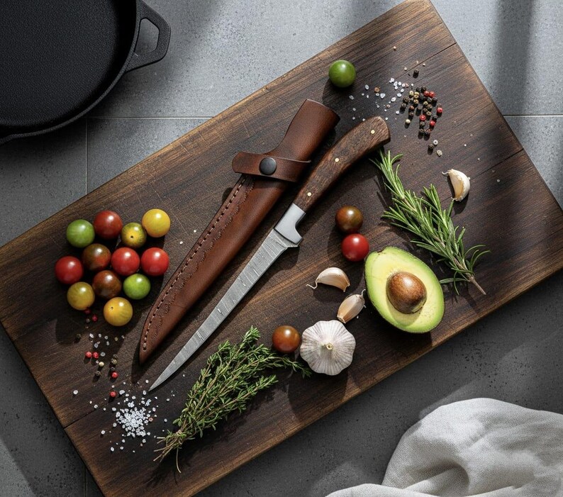 May include: A wooden cutting board with a knife in a leather sheath, surrounded by fresh ingredients. The knife has a wooden handle and a silver blade. Ingredients include tomatoes, garlic, avocado, and herbs. A cast iron pan is in the background.