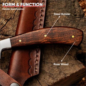 May include: Close-up of a knife with a rosewood handle and steel bolster. The handle is secured with brass rivets. The knife is partially sheathed in a brown leather case. The text "FORM & FUNCTION" and "Handle Specification" are visible.