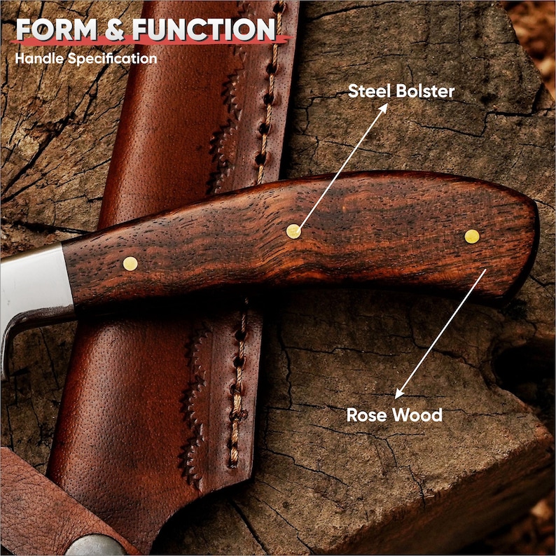May include: Close-up of a knife with a rosewood handle and steel bolster. The handle is secured with brass rivets. The knife is partially sheathed in a brown leather case. The text "FORM & FUNCTION" and "Handle Specification" are visible.