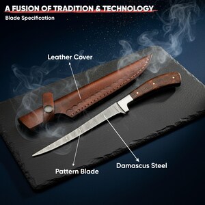 May include: A Damascus steel knife with a wooden handle and a leather sheath. The knife has a patterned blade and is labeled "A FUSION OF TRADITION & TECHNOLOGY". The leather sheath is brown and has a button closure.
