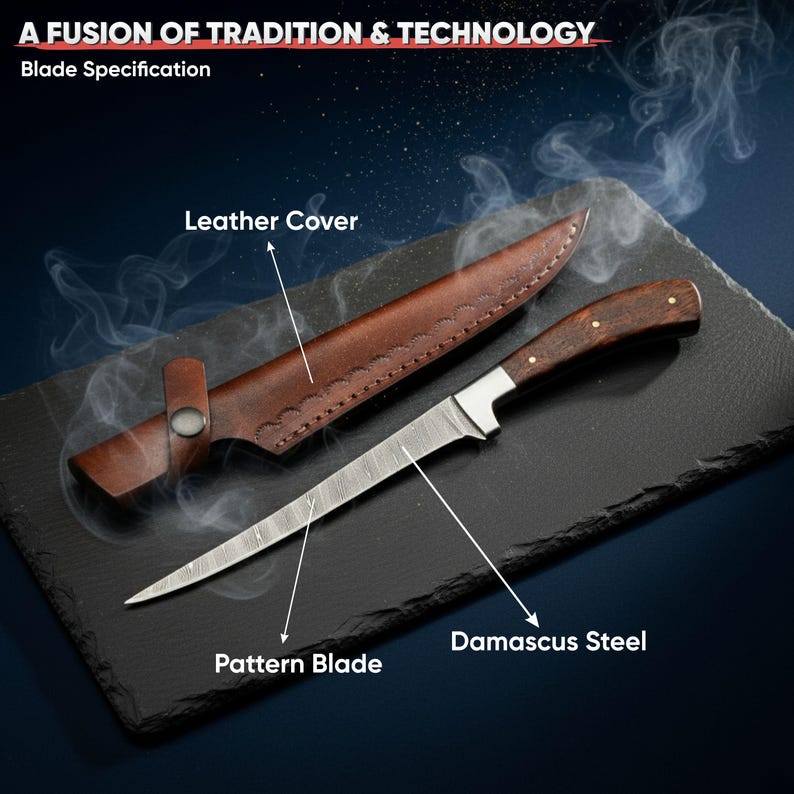 May include: A Damascus steel knife with a wooden handle and a leather sheath. The knife has a patterned blade and is labeled "A FUSION OF TRADITION & TECHNOLOGY". The leather sheath is brown and has a button closure.