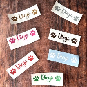 Puede incluir: Pegatinas rectangulares con el nombre "Diego" en varios colores y fuentes, acompañadas de gráficos de huellas de patas. Las pegatinas son en marrón, gris, rosa, rojo, marrón, azul claro y verde, con huellas de patas a juego.