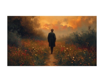 Man Walking Field Flowers Sunset Landscape Wall Poster Vintage 1800s Classical Antique Oil Painting Look Digital Download Sky Art Home Decor