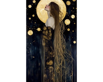 Beautiful Woman Witch Black Night Gold Leaf Sphere Design Symbolism Vintage 19th Century Decor Printable Wall Art Nouveau Digital Download