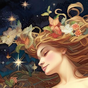 May include: A woman with long, flowing golden hair is asleep with a crown of flowers on her head. The background is a dark blue with stars and a single bright star in the center.