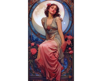 Art nouveau-print vrouw en maan: vintage hemels decor (digitale download)