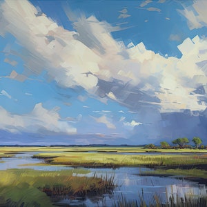 Salt Marsh Landscape Wall Art, Vintage Post Impressionism art style, Digital Download Art Painting of Marshlands and Storms for Home Decor