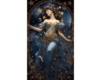 Lámina Art Nouveau de una Soñadora de Estrellas: Mujer Celestial Vintage (Descarga digital)
