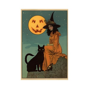 Bruja Gato Negro Arte Halloween Tarjeta Arte Vintage Ilustración Goth Home Decoración Digital Descargar Imprimible Mágico Moody Night Estrellas Pintura