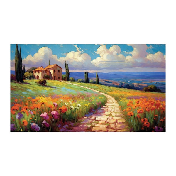 Beautiful Colorful Tuscan Italian Landscape Villa in Summer Digital Download Post Impressionist fine art Vintage Flowers Art Home Decor