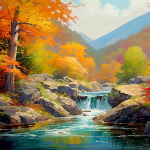 Herfst bergbeek kunstprint: vintage landschapsschilderij (digitale download)