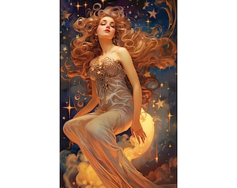 Lámina "Mujer con estrellas" de estilo Art Nouveau: Arte celestial vintage (Descarga digital)