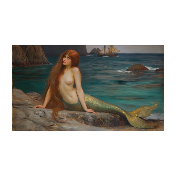 Beautiful Woman Mermaid Classical Fantasy Siren Vintage 19th Century Decor Digital Download Art Nouveau Printable Ocean Shore Magical Poster