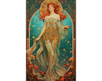 Beautiful Woman Spirit of Summer Eve Art Vintage 19th Century Decor Digital Download Colorful Evening Stars Art Nouveau Printable Poster