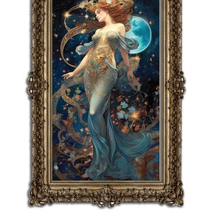 May include: A digital art print of a woman in a flowing blue gown with gold accents, standing in a starry night sky with a crescent moon. The woman has long red hair and is surrounded by stars and leaves.