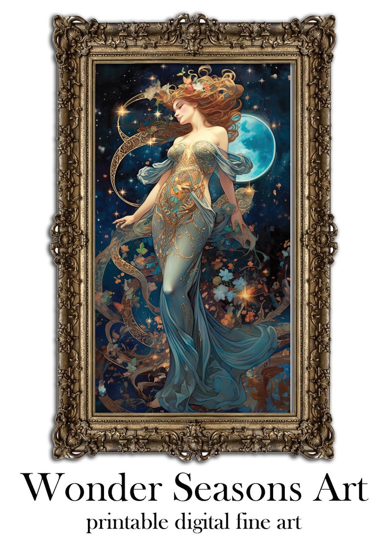 May include: A digital art print of a woman in a flowing blue gown with gold accents, standing in a starry night sky with a crescent moon. The woman has long red hair and is surrounded by stars and leaves.