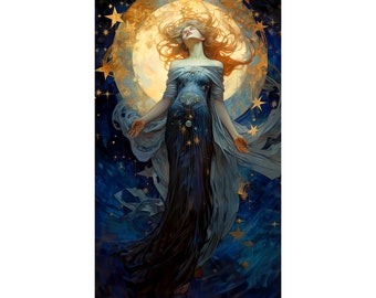 Spirit of the Galaxy Beautiful Woman Vintage 19th Century Art Decor Digital Download Art Nouveau Celestial Stars Printable Painting Poster