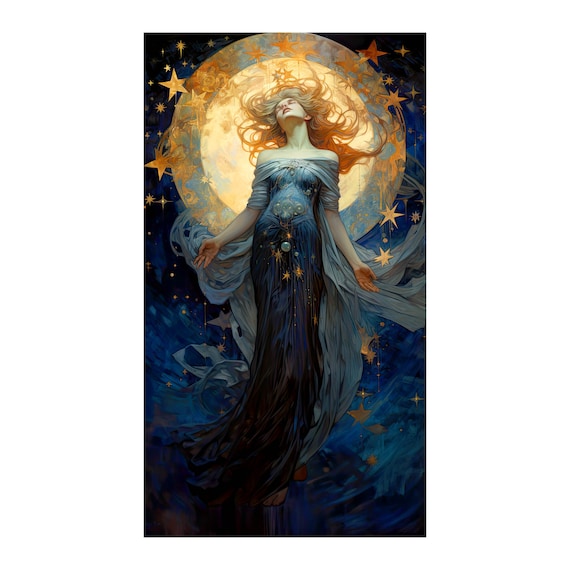 アールヌーボーの女性と星のプリント：ヴィンテージ天体アート 