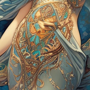 May include: A close-up of a woman's torso wearing a blue and gold patterned dress. The dress has a intricate design with gold accents and blue and turquoise details. The fabric is flowing and draped over the woman's body.