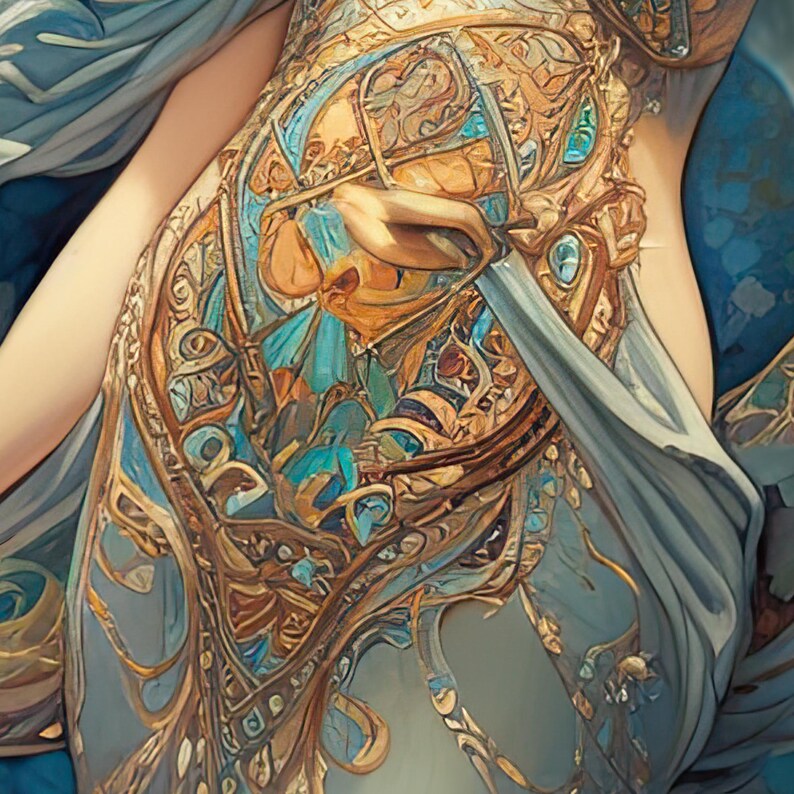May include: A close-up of a woman's torso wearing a blue and gold patterned dress. The dress has a intricate design with gold accents and blue and turquoise details. The fabric is flowing and draped over the woman's body.