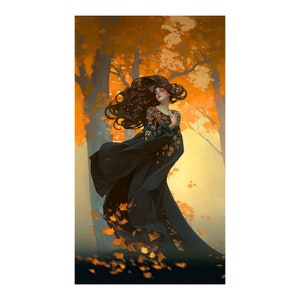 Hermosa mujer bruja otoño otoño arte vintage decoración del siglo XIX Descarga digital colorida temporada de otoño Art Nouveau Vintage cartel imprimible