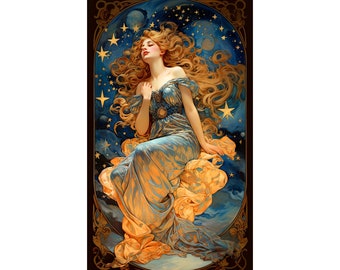 Dream Celestial Night Beautiful Woman  Vintage 19th Century Art Decor Digital Download Art Nouveau Space Stars Printable Download Poster