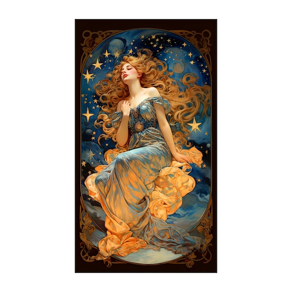 Dream Celestial Night Beautiful Woman  Vintage 19th Century Art Decor Digital Download Art Nouveau Space Stars Printable Download Poster