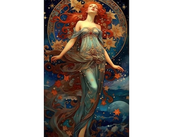 Spirit Celestial Night Beautiful Woman  Vintage 19th Century Art Decor Digital Download Art Nouveau Flowers Stars Printable Download Poster