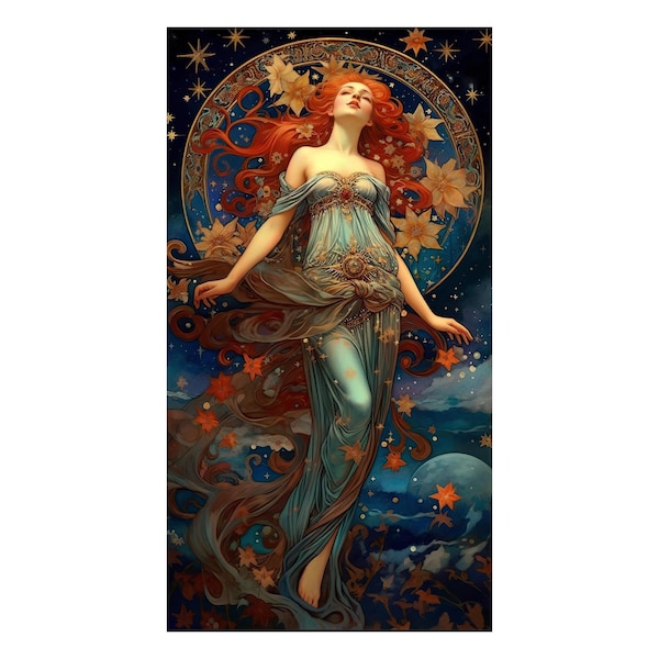 Spirit Celestial Night Beautiful Woman  Vintage 19th Century Art Decor Digital Download Art Nouveau Flowers Stars Printable Download Poster