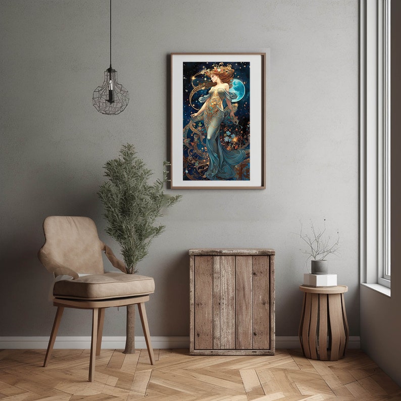 May include: A framed art print featuring a woman in a flowing blue gown with gold accents, standing in front of a blue moon and a starry background.