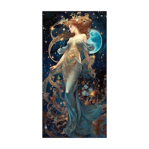 May include: A woman with long red hair and a blue and gold gown stands in front of a large blue moon and a starry night sky. She is surrounded by golden vines and flowers.