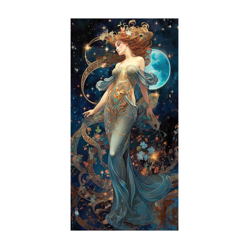 May include: A woman with long red hair and a blue and gold gown stands in front of a large blue moon and a starry night sky. She is surrounded by golden vines and flowers.