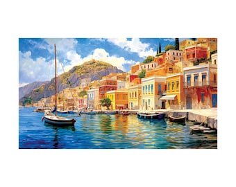 Greek Seaside Village Art Print: Vintage Impressionism Home Decor (Digital Download)