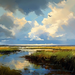 Salt Marsh Landscape Art: Vintage Coastal Storm Print (Digital Download)