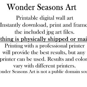 May include: Text on a white background that reads "Wonder Seasons Art".  Printable digital wall art. Instantly download, print and frame the included jpg art files. Nothing is physically shipped or mailed. Printing with a professional printer will provide the best results, but any printer can be used. Results and colors vary with different printers. Wonder Seasons Art is not a public domain source."